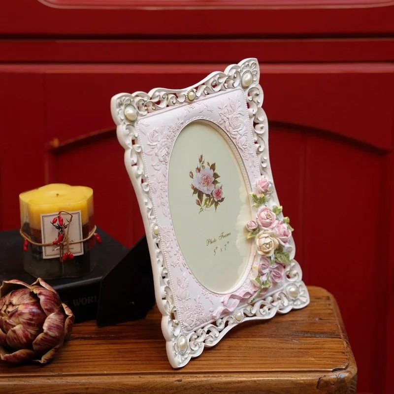 Resin Pink Rose Photo Frame Pearl Edge Modern Furnishings Desktop Ornament Living Room Hotel Display Window Show Home Decoration