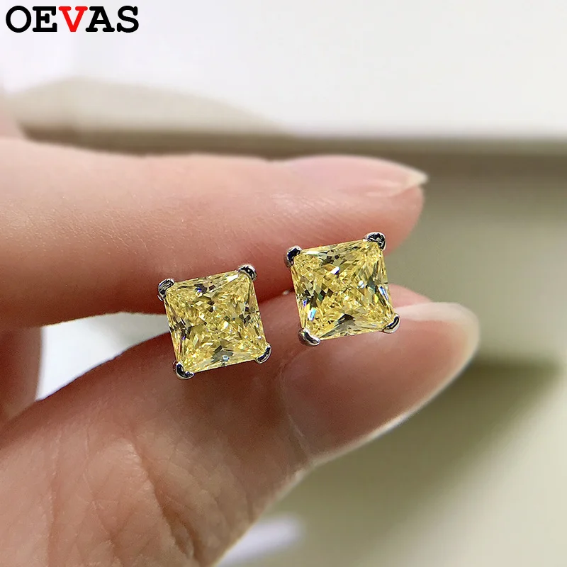 

OEVAS 6x6mm Yellow Pink High Carbon Diamond Gemstone Earrings for Women 100% 925 Sterling Silver Classic Fine Jewelry Wholesale