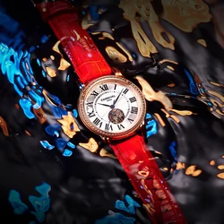 Carnival-relojes mecánicos de diamantes de lujo para mujer, pulsera con correa de cuero roja, resistente al agua, con zafiro hueco