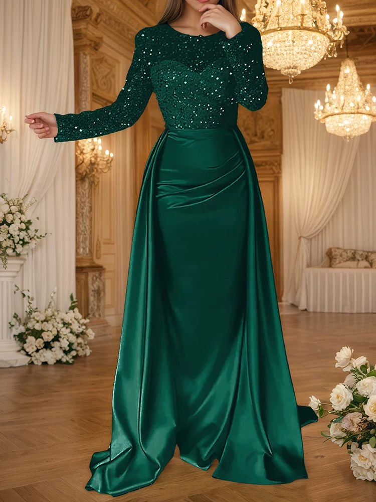 Glamoureuze avondjurk met pailletten voor dames, ronde hals, goud, lange mouwen, ruches, gelaagde bodycon, formele galajurk, maxi-jurken voor bruiloften