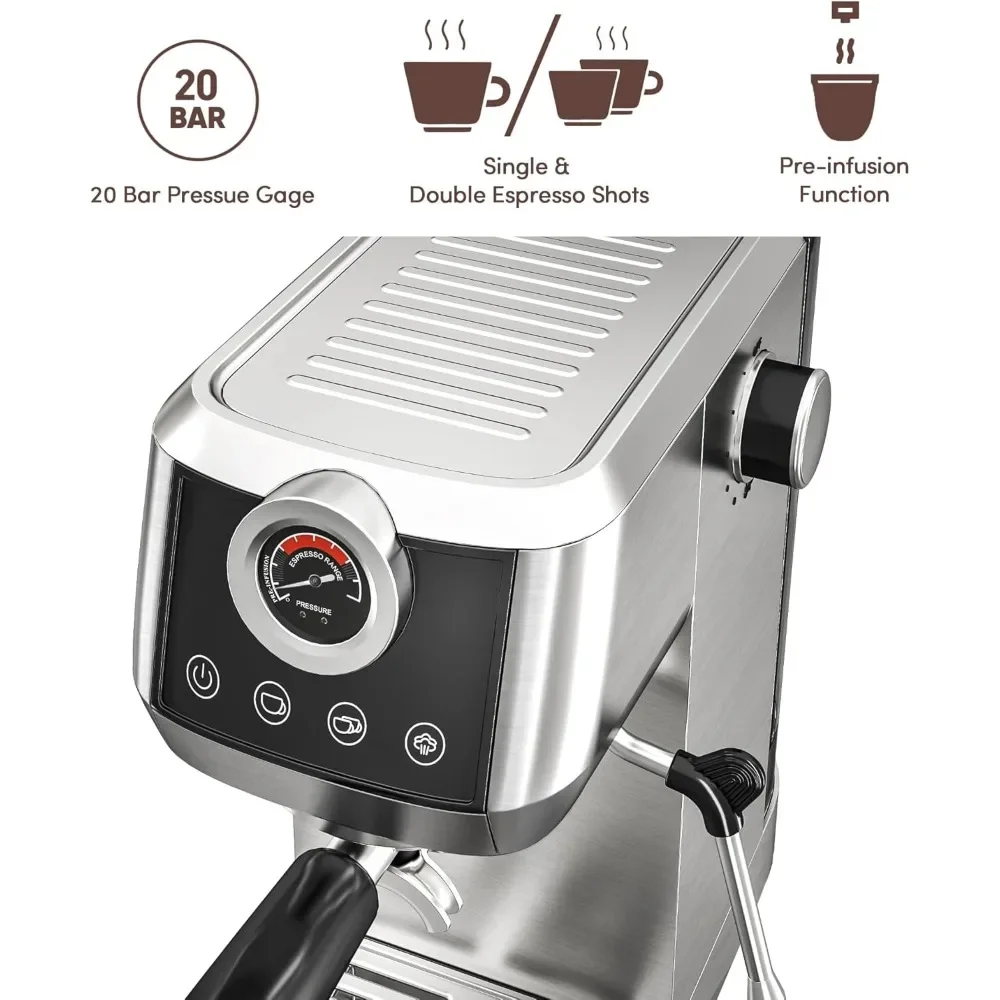 Máquina de café expreso, máquina de café expreso Wirsh de 20 bars, sin plástico, máquina de café expreso de acero inoxidable para café expreso/latto/capuchino