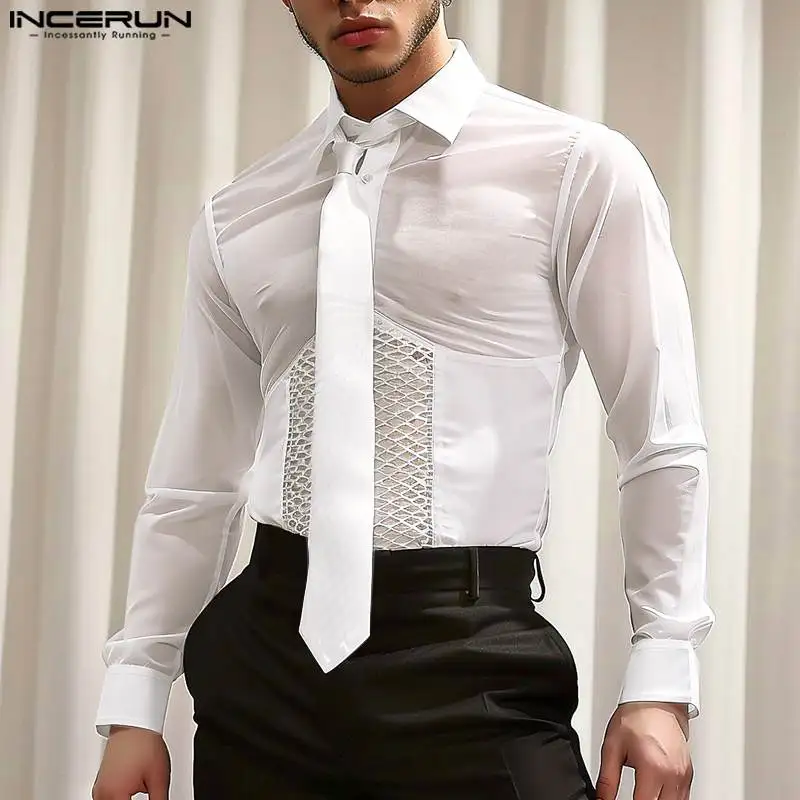 INCERUN Men Shirt Mesh Patchwork Lapel Tie Long Sleeve Fitness Transparent Men Clothing Streetwear 2024 Fashion Casual Camisas