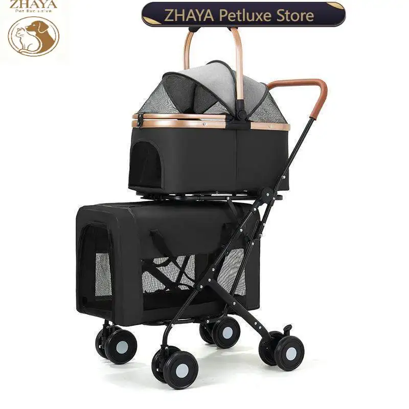 ZHAYA Double Layer Detachable Pet Stroller Reflective Lightweight Cat Dog Travel Cart Portable Outdoor Trolley Carrier Wagon