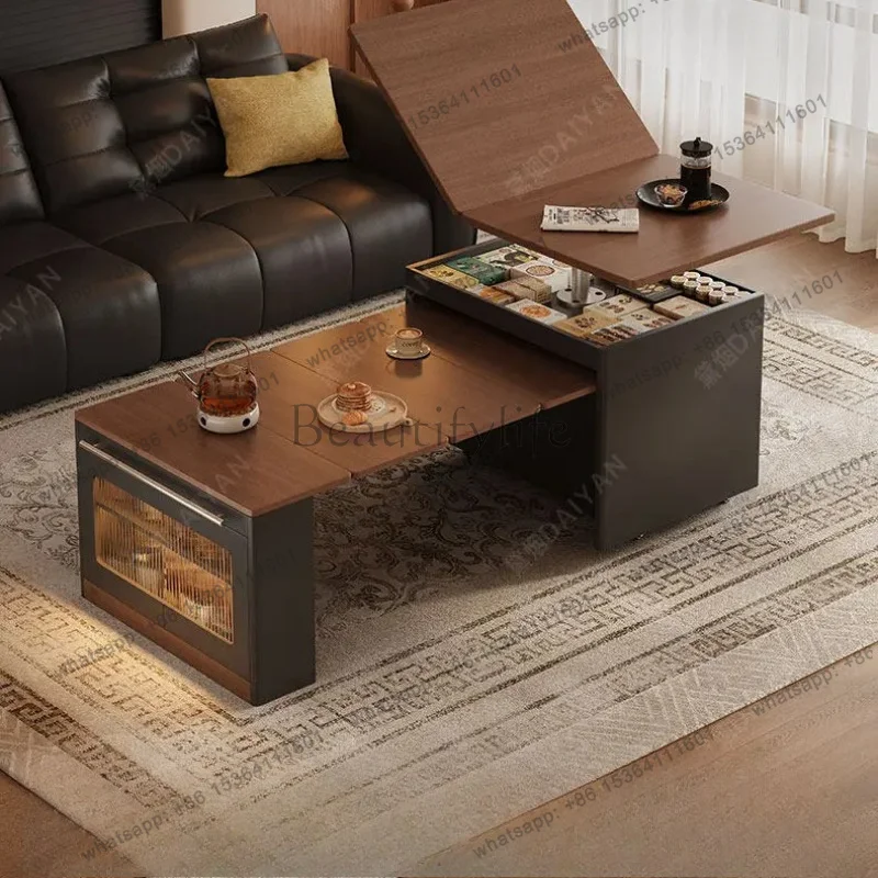 YJ Medieval style movable lifting coffee table dining table integrated living room home new telescopic folding tea table