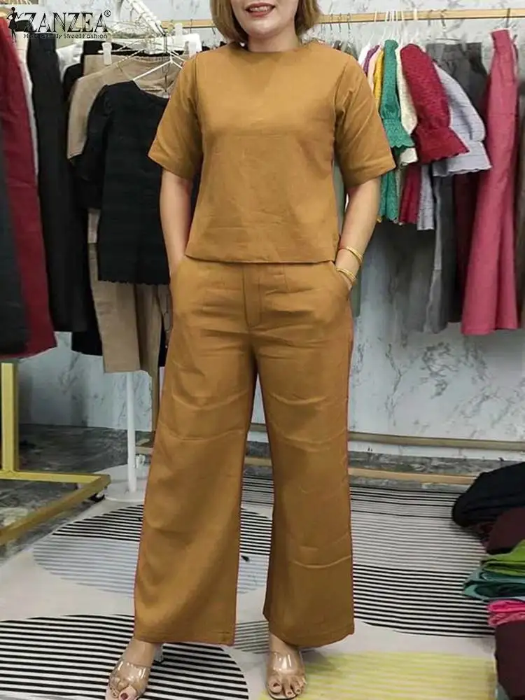 Summer Women Work Matching Sets ZANZEA 2PCS Fashion Tracksuits O Neck Short Sleeve Blouse Wide Leg Pant Sets Elegant Suit