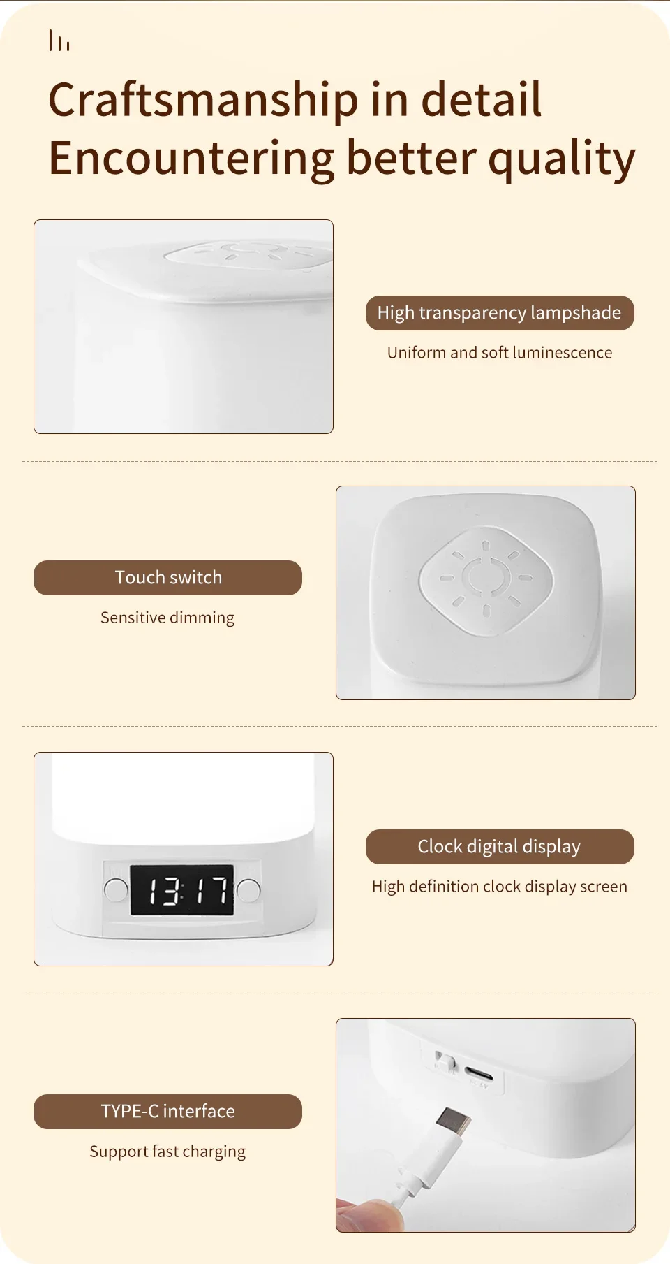 Bedside Led Night Lights Dimmable Charging Desktop Night Lamps with Clock Time Display Night Light Remote Control For Bedside
