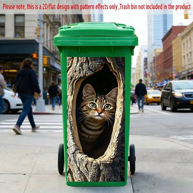 Cat in Tree Hole Trash Can Stickers, Self-Adhesive 2D Cat Decor Decals for Outdoor Waste Bin, Garden Trash Can, Home Decoration