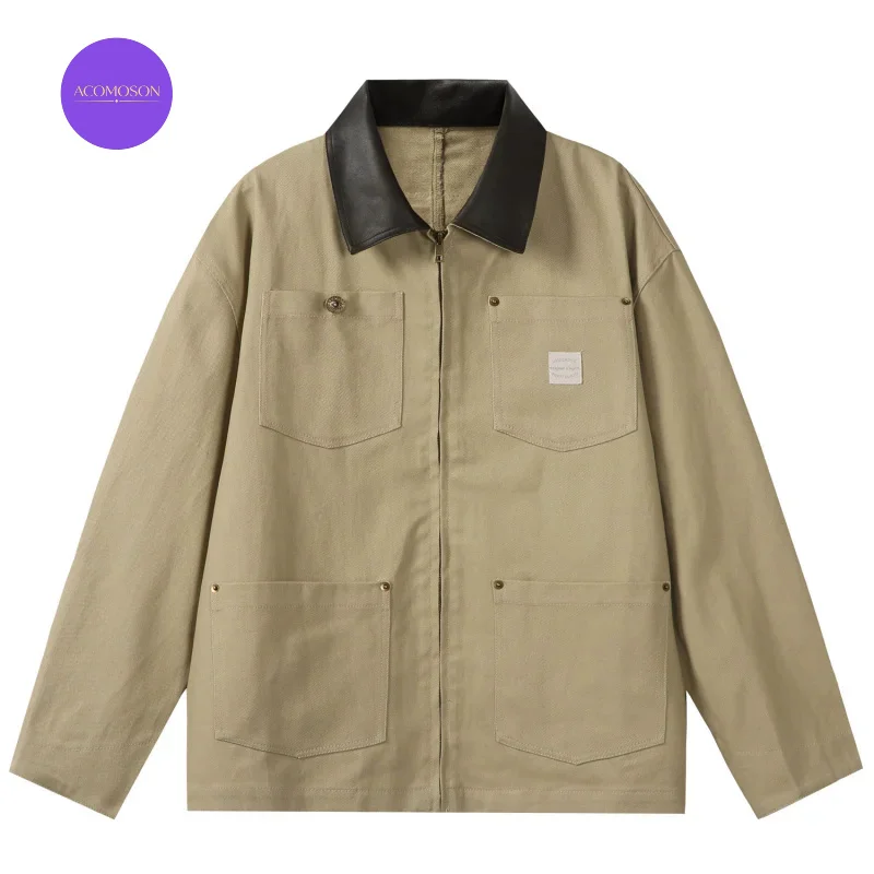 ACOMOSON EU US Size Vintage Multi-Pocket PU Leather Collar Workwear Jacket For Men And Women Loose Fit Hunting Jacket