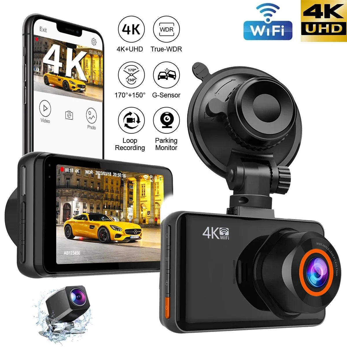 EOENKK 3-inch 4K WiFi Dash Cam, Dual Front and Rear Lenses, Auto Recording, Supports 24-Hour Parking Monitoring