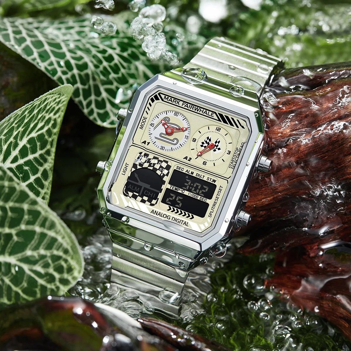 Mark Fairwhale 4460 Men's Watch Dual Display Quartz Luminous Chronograph Steel Strap Waterproof Wristwatch