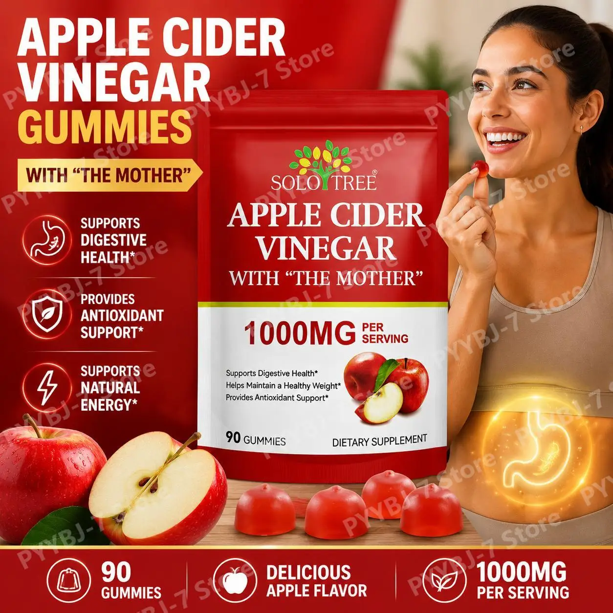 Apple Cider Vinegar Gummies with The Mother ACV Gummy Supplement with Vitamin B6, B12, Folate for Daily Balance, 90 Gummies