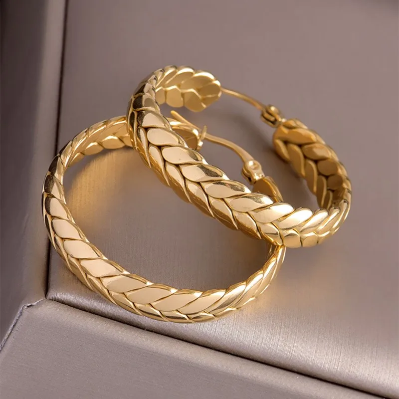 ANENJERY 316L Stainless Steel Gold Color Wheat Hoop Earrings for Women Luxtry Geometric Jewelry Festival Gift