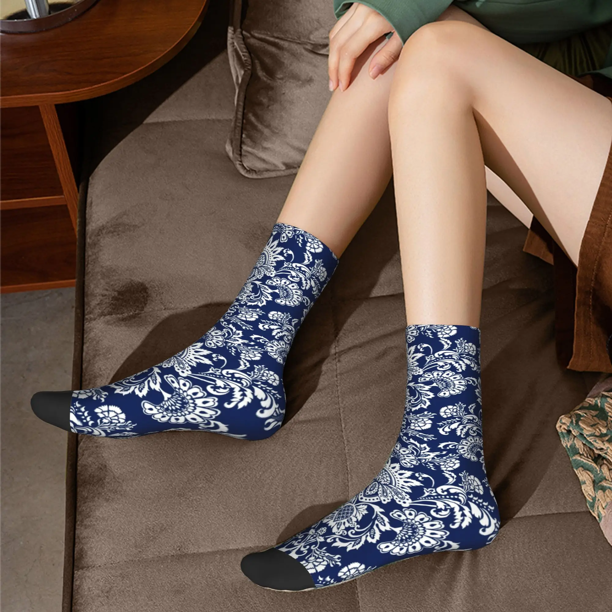 مخصص متعة مطبوعة الأبيض والأزرق الدمشقي الجوارب للرجال النساء تمتد الصيف الشتاء البوهيمي الأزهار بيزلي نمط طاقم الجوارب