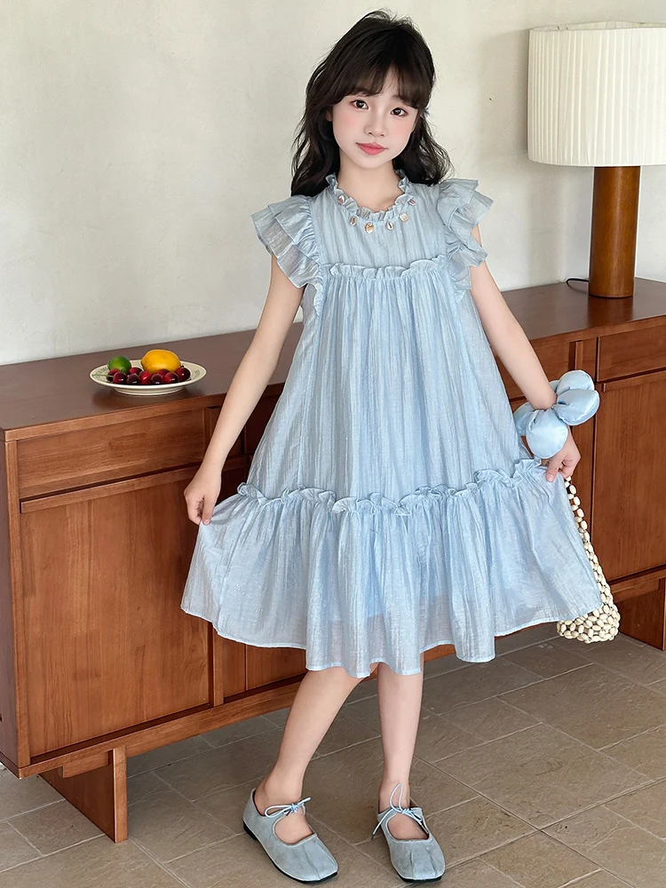 

Модное летнее пляжное платье для девочек-подростков с высокой талией, коротким рукавом, средней длины, цельное.