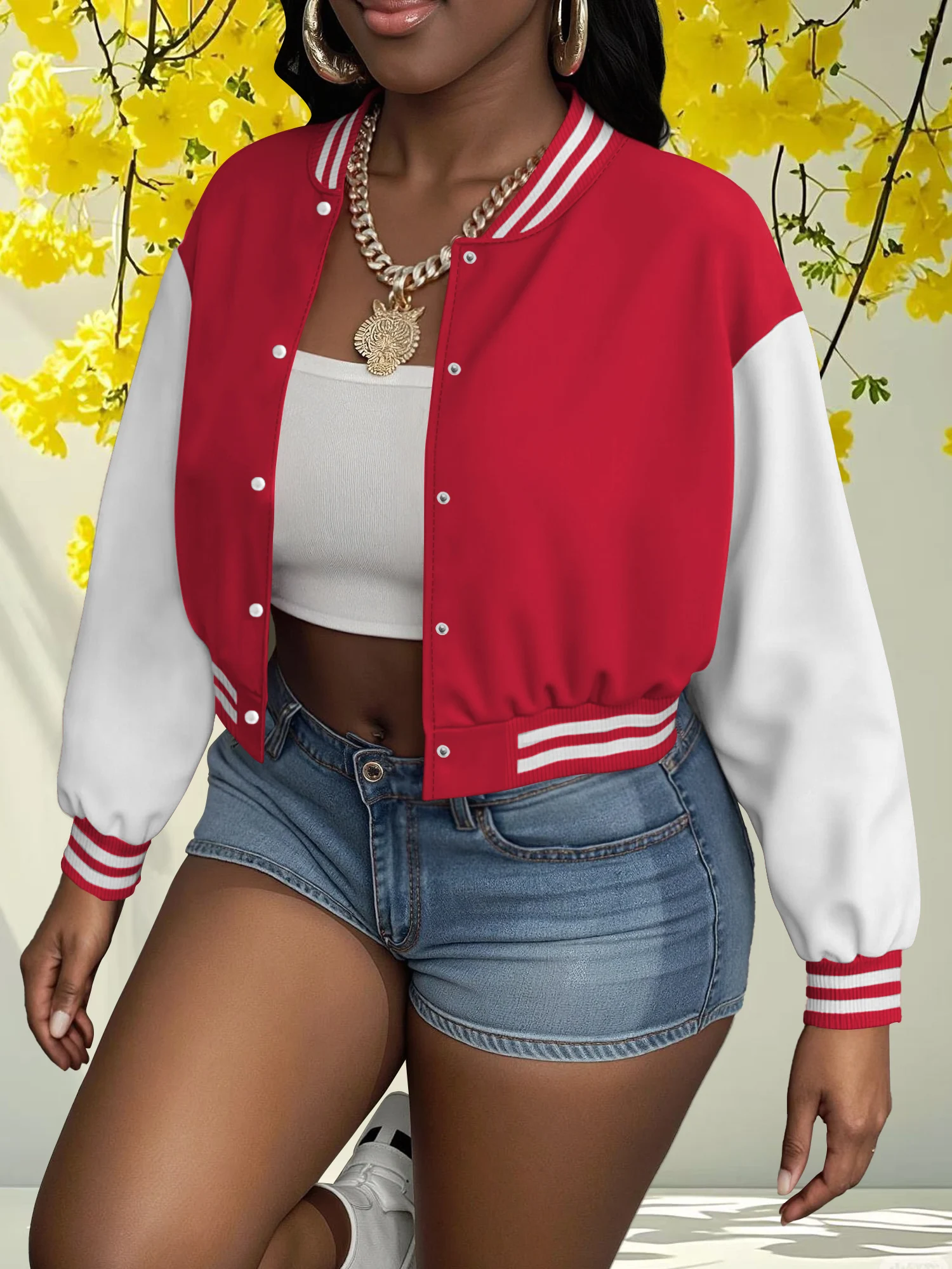 

Trendy Cropped Snap-Front Baseball Coat, Slim Fit Varsity Jacket for Crop Top Layering & Party Outfits