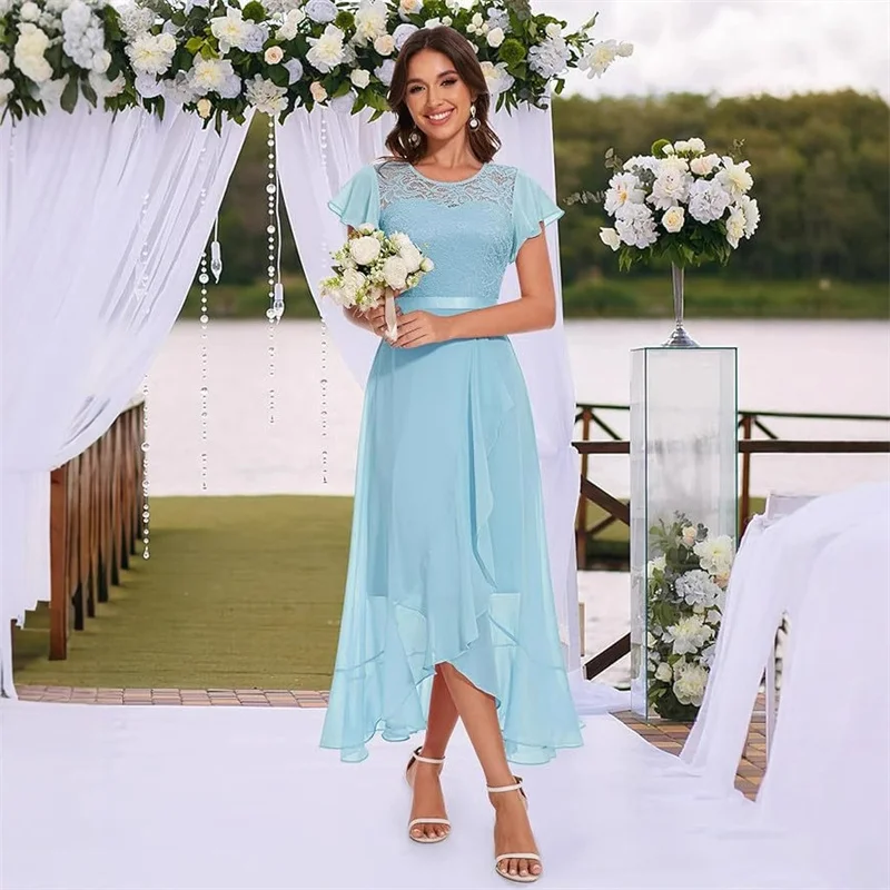 A Line Chiffon Lace Slit Sashes Boat Neck Elegant Off Shoulder Bridesmaid Dresses Wedding Party Evening Formal Prom Ankle Length