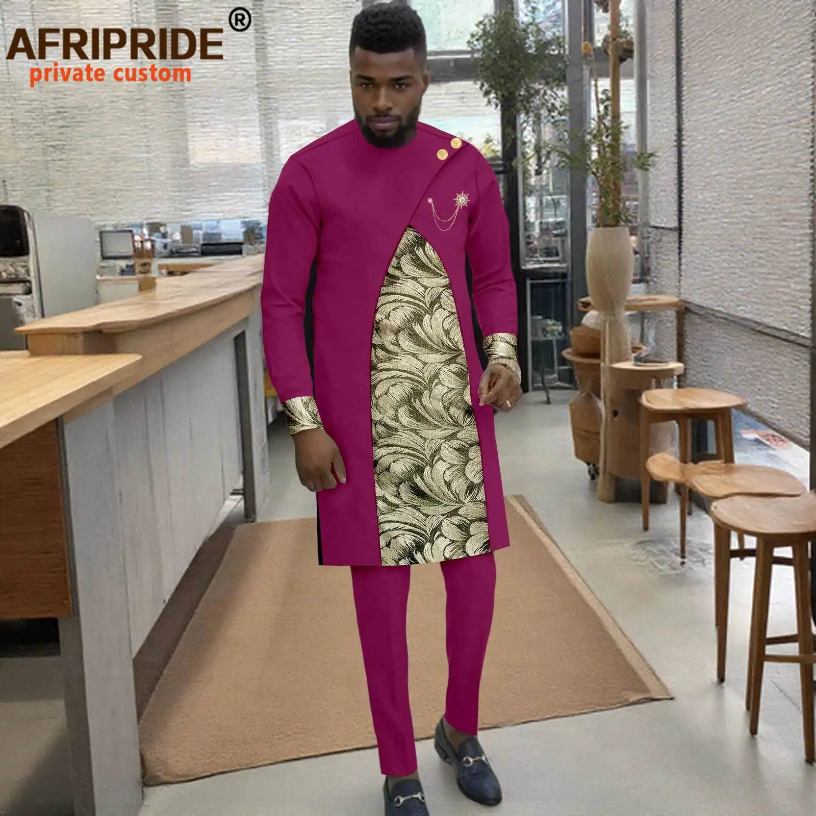 African Clothes for Men Two Buttons Embroidery Brooch Shirts and Pants 2 Piece Set Dashiki Outfits for Wedding 2516052