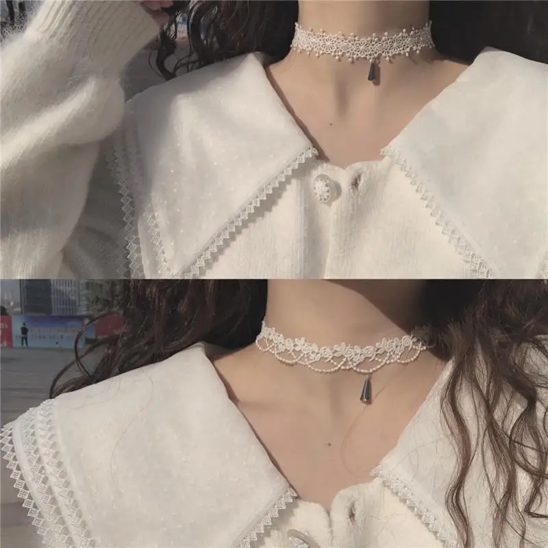 Lace Choker Necklace For Women Retro White Velvet Stretch Strip Bowknot Star Charm Short Clavicle Necklace Jewelry Gift for Girl