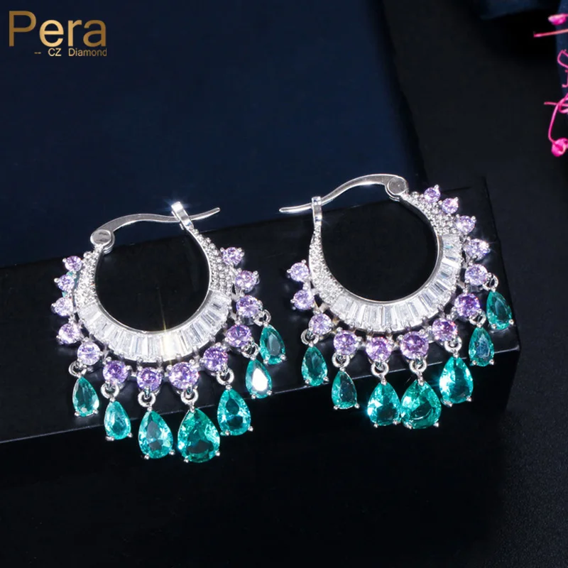 Pera Trendy Purple Blue CZ Crystal Big Round Tassel Water Drop Dangle Earring for Women Fashion Bridal Wedding Boho Jewelry E587