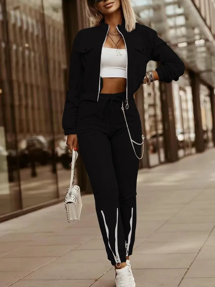 Autumn Women's New Zipper Short Long Sleeve Suit Solid Color Fashion Lace Up Casual Sports Small Foot Pants Female 2 Piece Set
