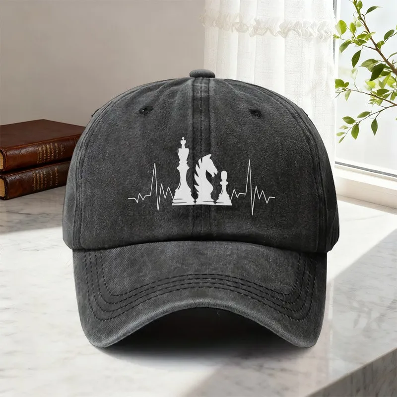 Chess Heartbeat Graphic Baseball Cap Unisex Adjustable Washed Cotton Hat for Strategy Game Lovers