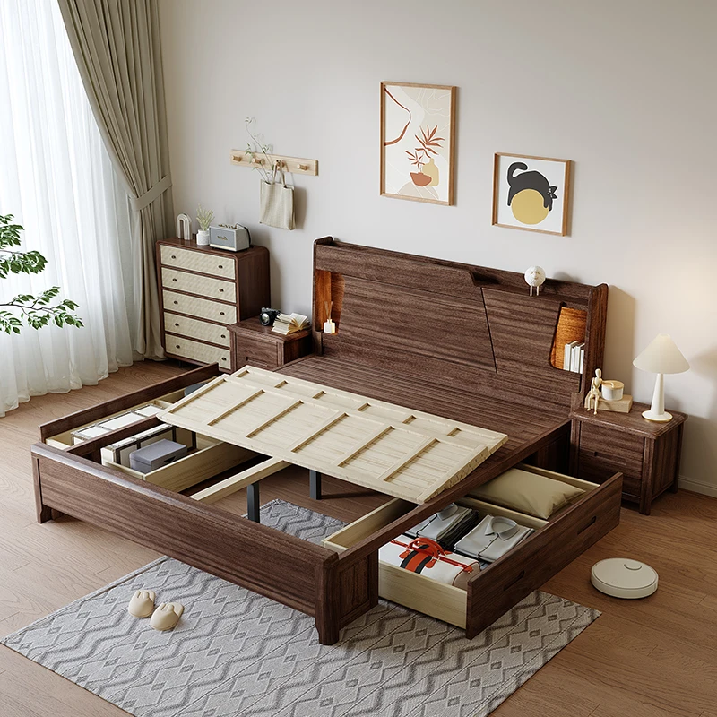

Walnut solid wood double bed retro queen bed new Chinese floor high box storage bed