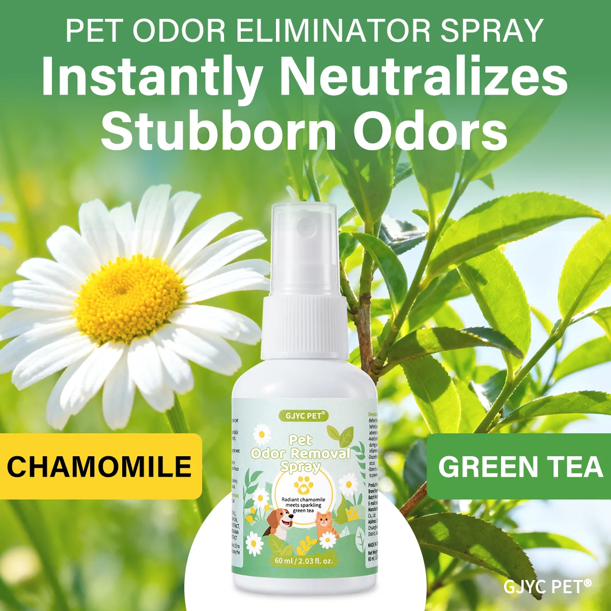 Spray Eliminador de Olores para Mascotas con Aroma a Manzanilla y Té Verde, Desodorante Suave y Duradero, Seguro para Perros, Gatos y Mascotas en el Hogar