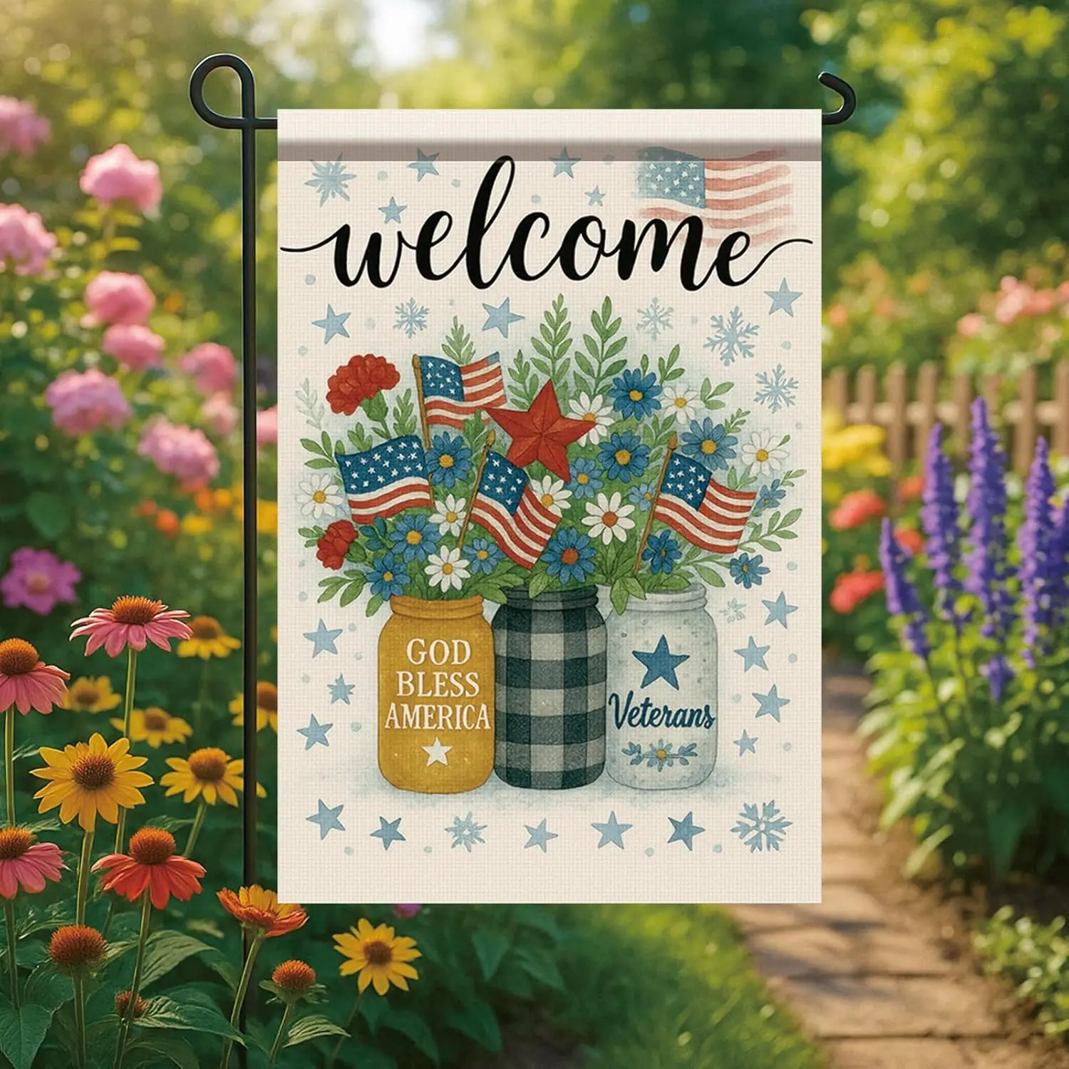 Welcome Patriotic Garden Flag Mason Jar American Flag 12x18 Double Sided Wildflowers God Bless America Veterans Yard Banner  LLE