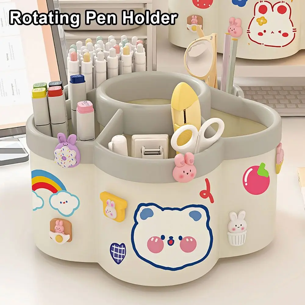 1Pcs 360 Degree Rotating Rotating Pen Holder Large Capacity Cartoon Pencil Storage Box DIY Sticker Office Desktop Stationery