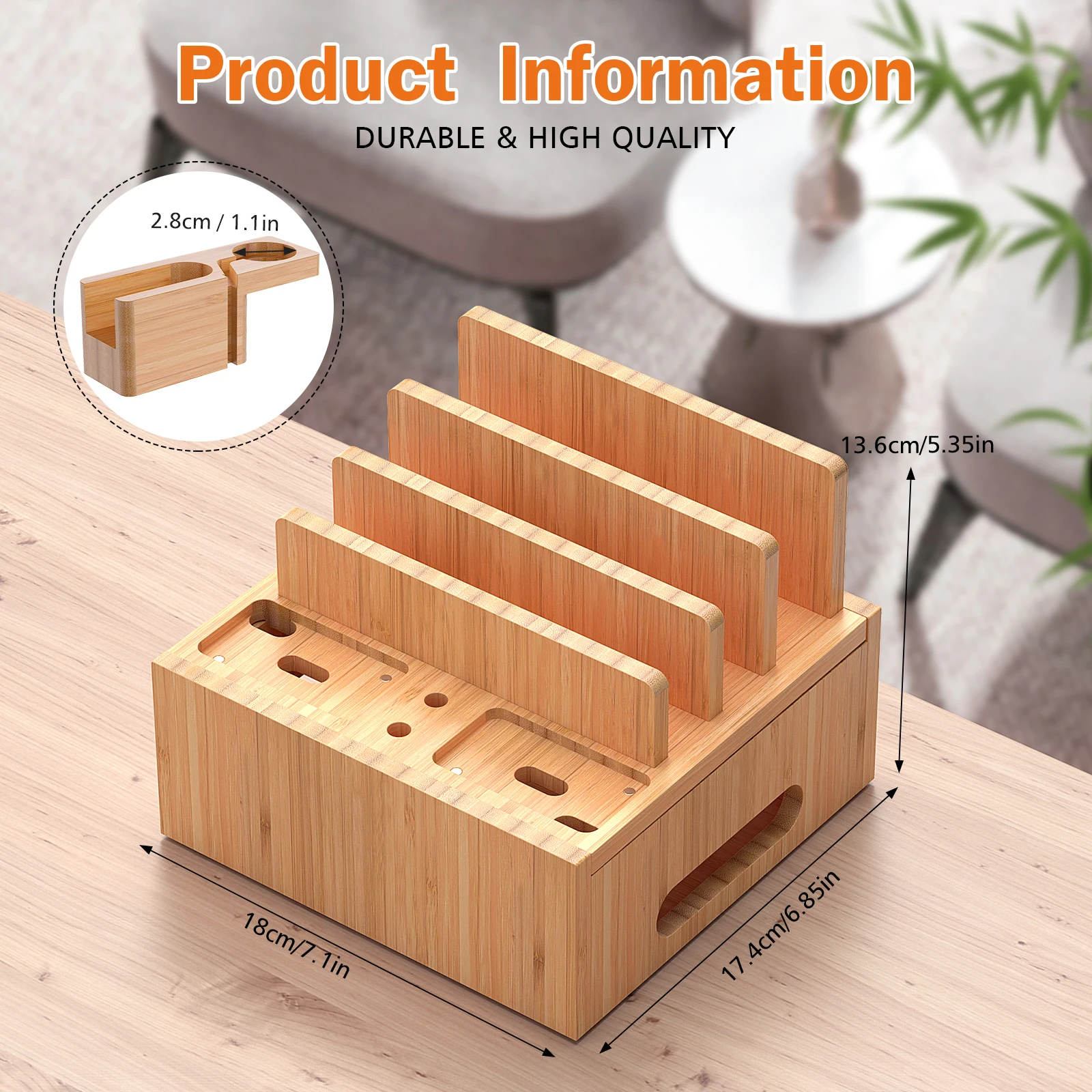 Bamboo Charging Station Organizer for Multiple Devices, Desktop Docking Station Compatible with Phone, Tablet, Earbuds