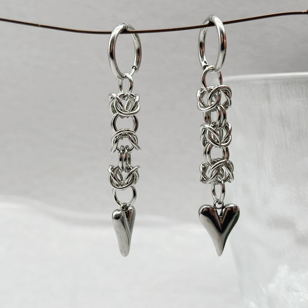 Handmade Stainless Steel Chainmail Heart Dangle Earrings Gothic Stacked Chain Drop Earrings for Women Couple Gift Jewelry