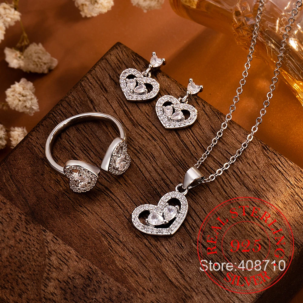 925 Sterling Silver Jewelry Crystal Love Heart Jewelery Sets Stud Earrings Rings Necklace for Women Wedding Party Jewelery Gift