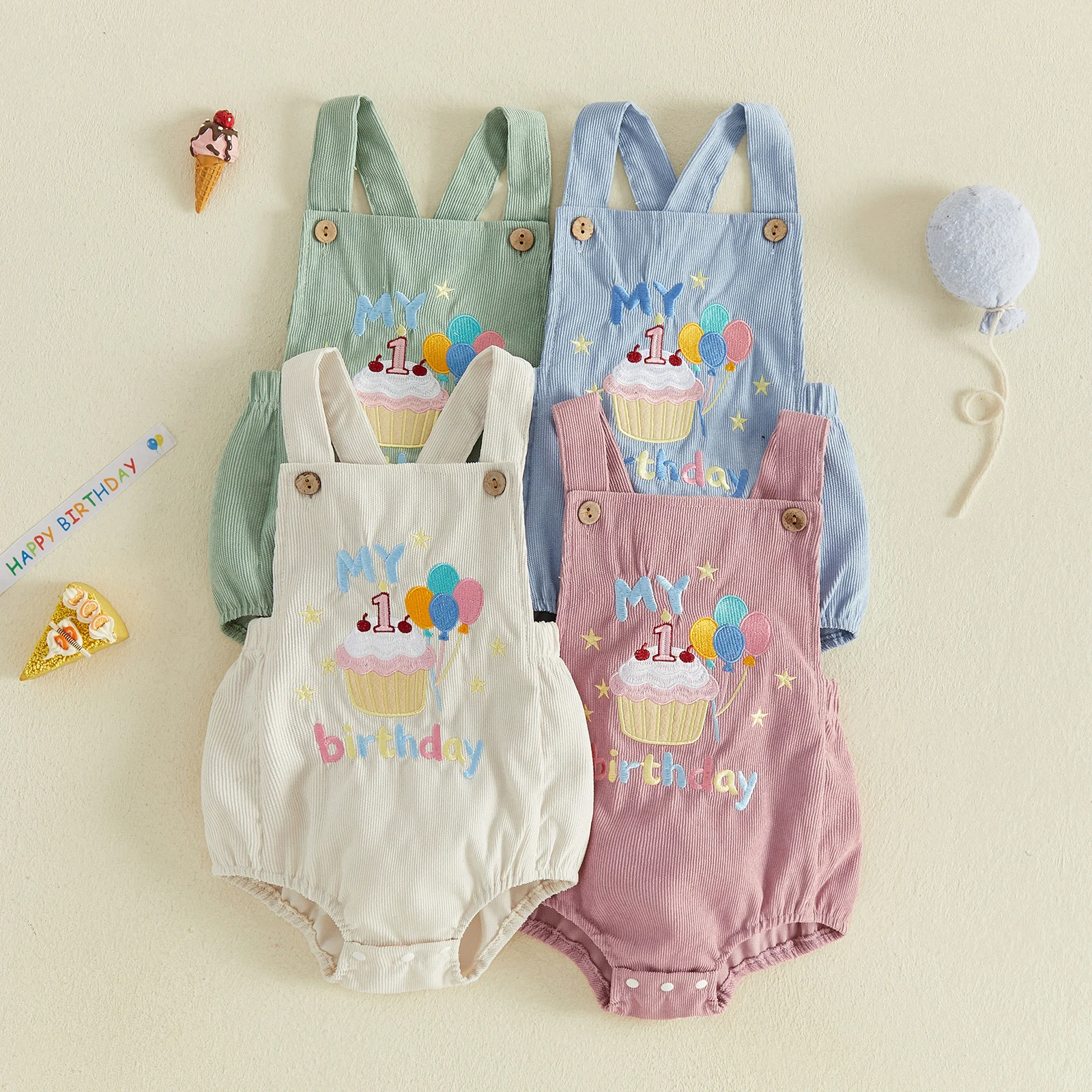 Baby Girl Birthday Romper Letter Embroidery Corduroy Sleeveless Bodysuits Overalls