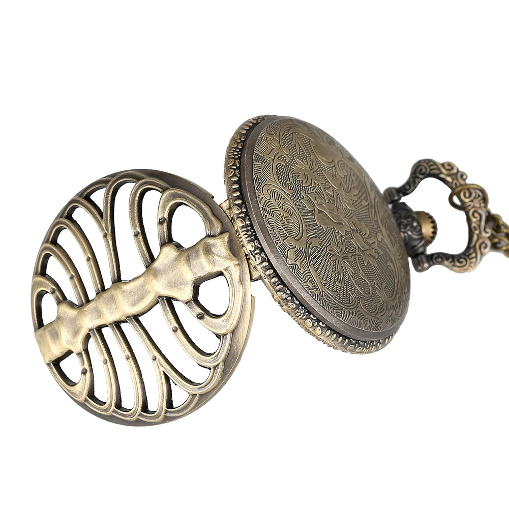 Antike Geister Schädel Design Bronze Vintage Quarz legierung Skelett Steampunk Fob analoge Taschenuhr mit Kette Halskette Uhr Geschenk