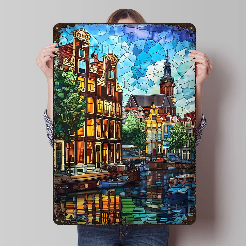 Amsterdam Canal Glow Printed Posters Customizable Wall Art Retro Vintage Metal Tin Signs for Home Room Mancave Decoration Garage