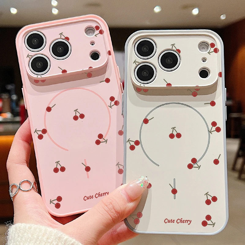Funda de teléfono magnética con estampado de cereza roja para iPhone 17 Pro Max 16 15 14 13 Pro Max para Magsafe carga inalámbrica TPU cubierta dura para PC