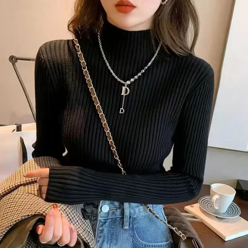 Elegant Solid Basic Knitted Tops Women Turtlneck Sweater Long Sleeve Casual Slim Pullover Korean Fashion Simple Chic Clothes