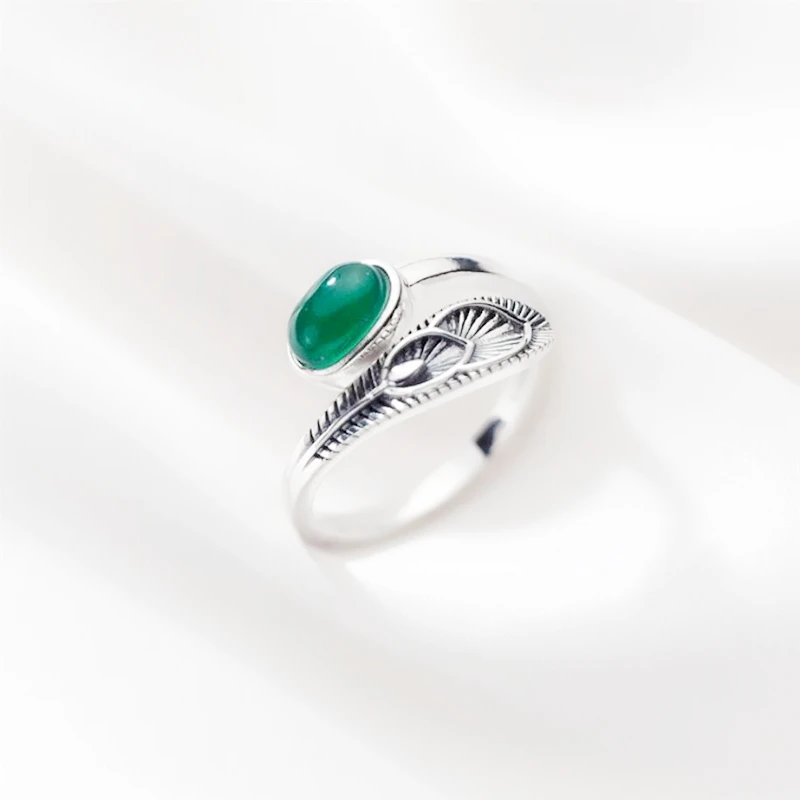 

Sole Memory Green Gem Feather Wings 925 Sterling Silver Female Resizable Opening Rings RI1041