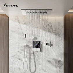 Luxury black brass shower system with digital display screen design Wall mounted dual control cold and hot 3 function shower Tap