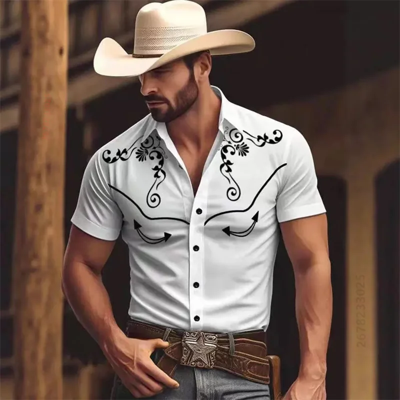 2026 New Men's Summer Western Cowboy Style Short-Sleeve Shirt, Retro Print, Slim Fit, Casual Vacation Shirt, Sizes XS-6XL