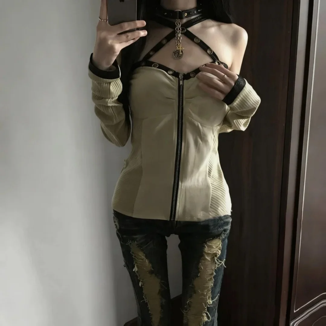 American Y2K long sleeved cardigan top spicy girl millennium punching off shoulder punk sexy top EMO girl