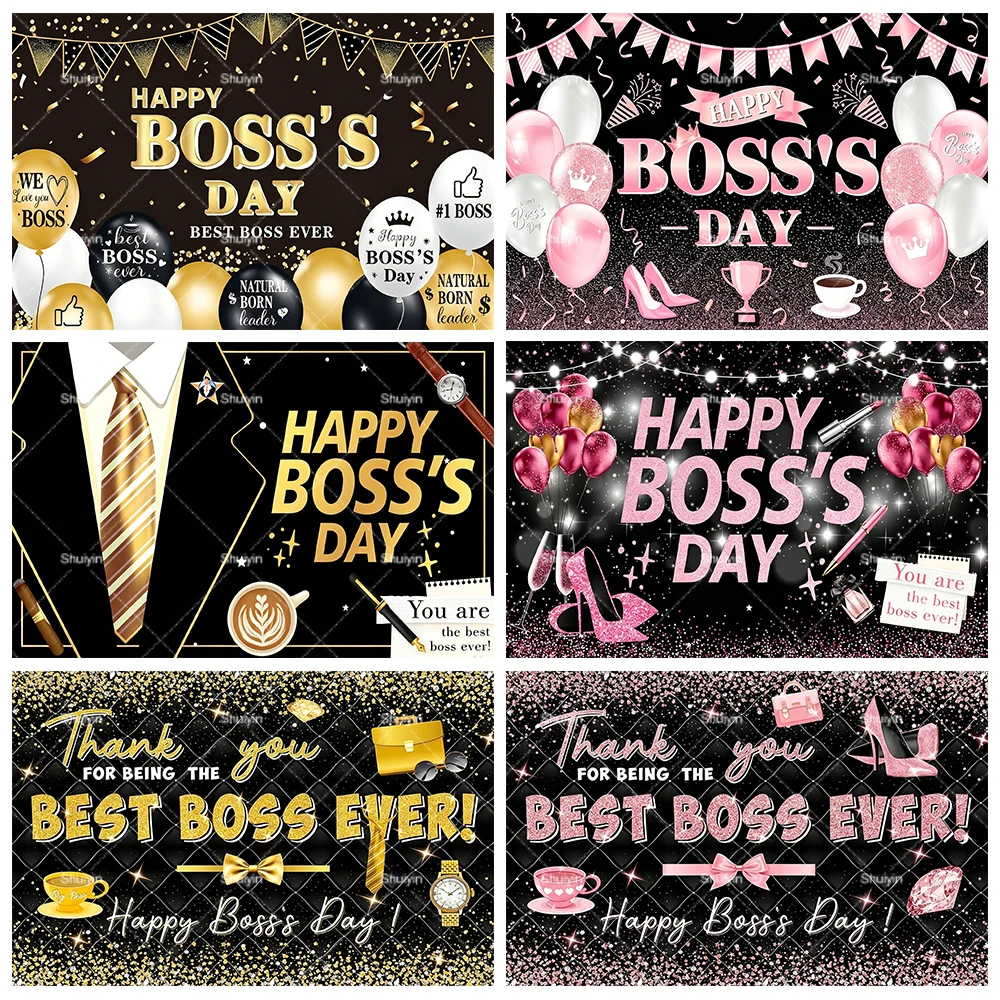 Happy Boss's Day Backdrop Thank you Best Boss Ever Company Party Decorations Supplies Black Gold Pink Balloon Photo Shoot Props