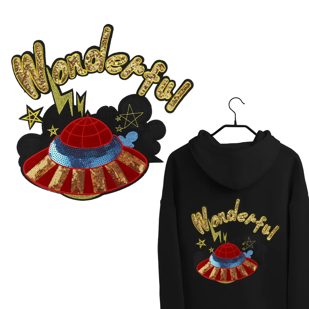 

Large Bead Embroidery Embroidred Patches Clothing Accessories Handmade DIY Fabric Sequins Red Fabric Patch Flying Saucer