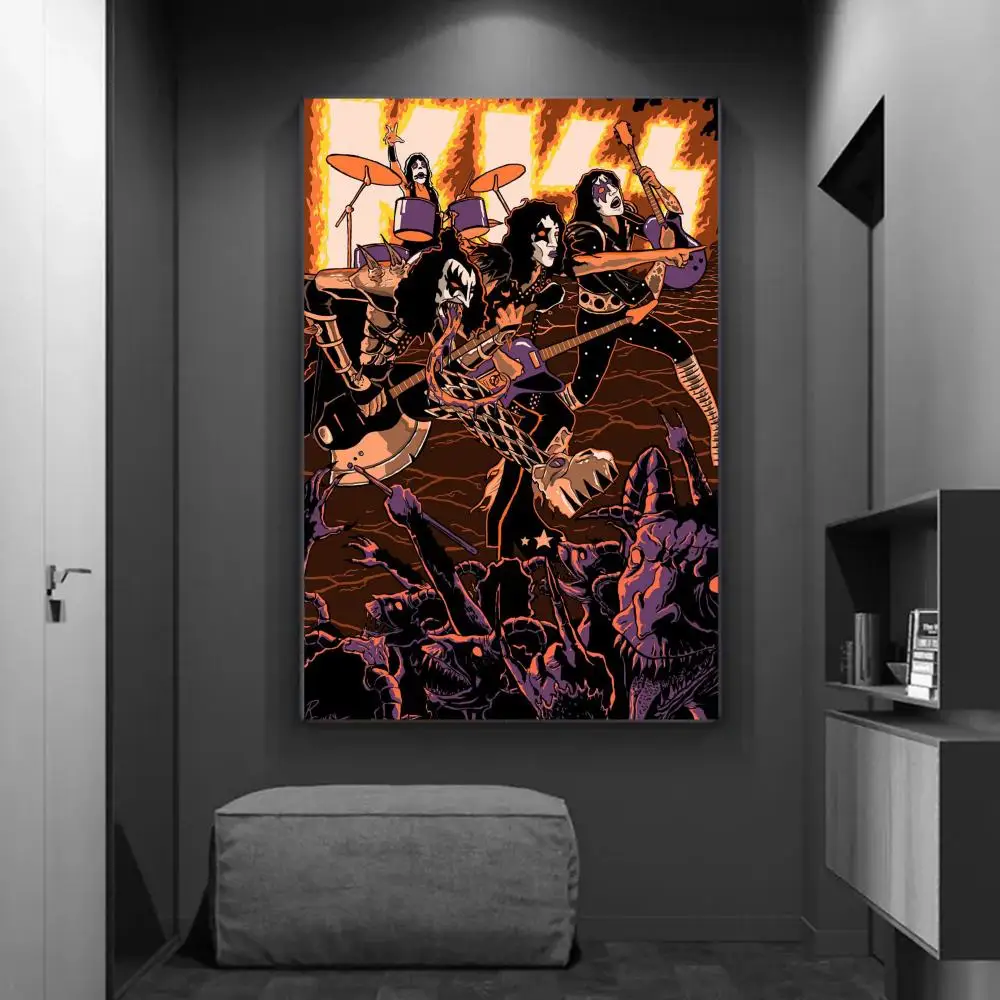 Vintage Heavy Metal Kiss Band Anime Posters Sticky Fancy Wall Sticker for Living Room Bar Decoration Room Wall Decor