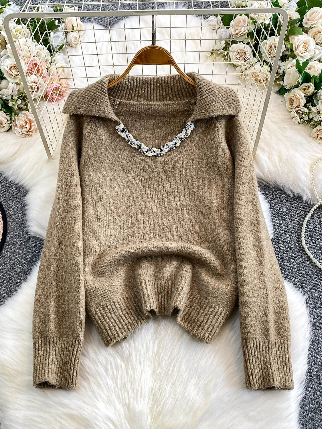 Chic Small Size Knitted V-Ne Top Women Loose Fit Winter Sweater Comfortable Breathable Casual Sle Long Sve Crew Ne
