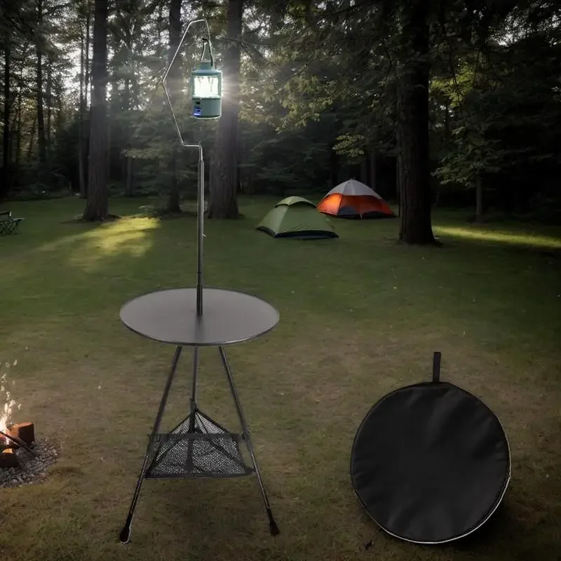 

Folding Camping Round Table With Light Rack Small Table Lightweight And Liftable Camp Picnic Desk Dining With Bottom Storage Bag