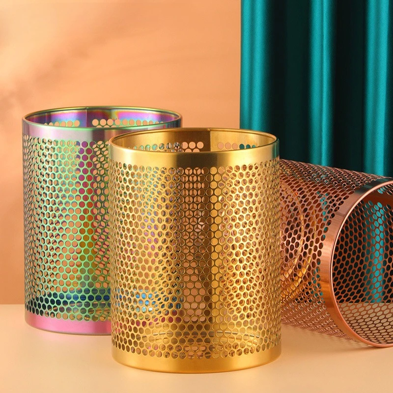 Stainless steel trash can hollow design office paper basket household kitchen solid color simple uncovered hollow storage
