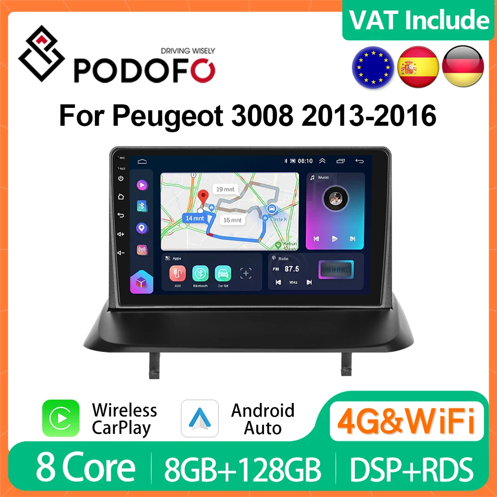 Podofo 4G CarPlay Android Radio For Peugeot 3008 2013-2016 Car Multimedia Player 2din GPS Stereo Head Unit Ai Voice Autoradio