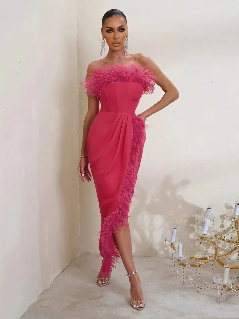 

Customized Modern Style Jersey Pleat Feather A-line Strapless Midi Dresses Bespoke Occasion Dresses Fashion Exquisite Matching