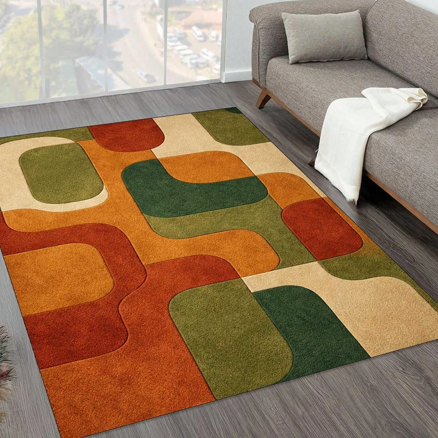 Mid-Century Modern Style Carpet, R Abstract Pattern Carpet, Area Rug, Bohemian Geometric Living Room Carpet, Scandinavian Modern